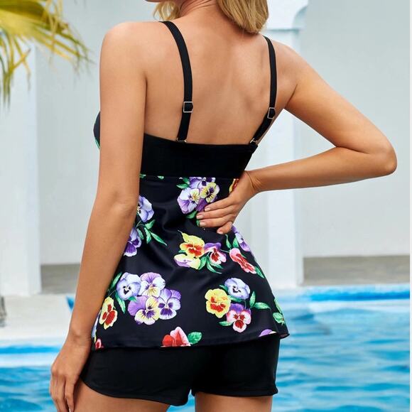 Spaghetti Strap Pansy Print Swimwear Top - Picture 2 of 10